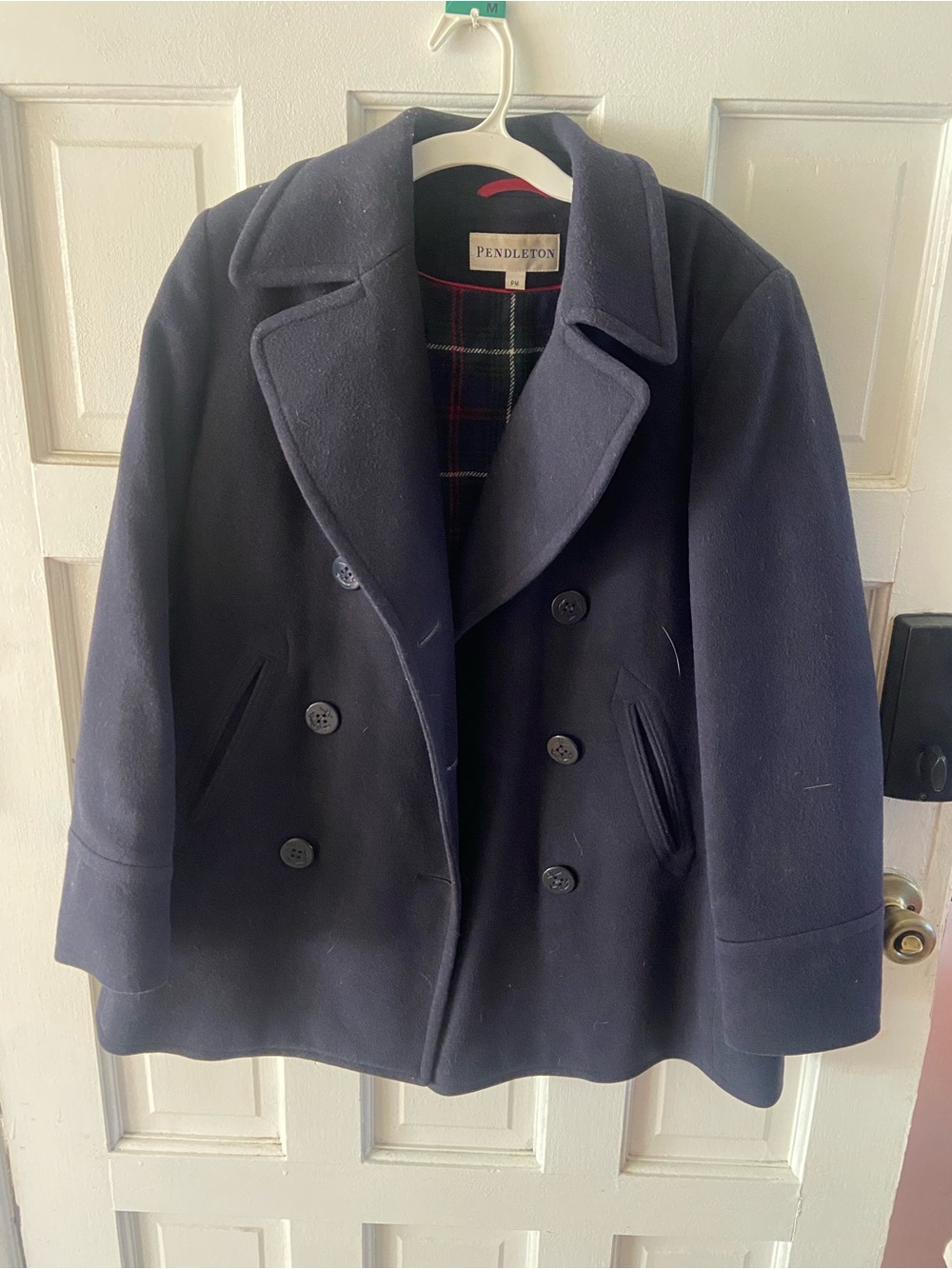 Pendleton Navy Wool Coat with Red and Green Tartan Lining